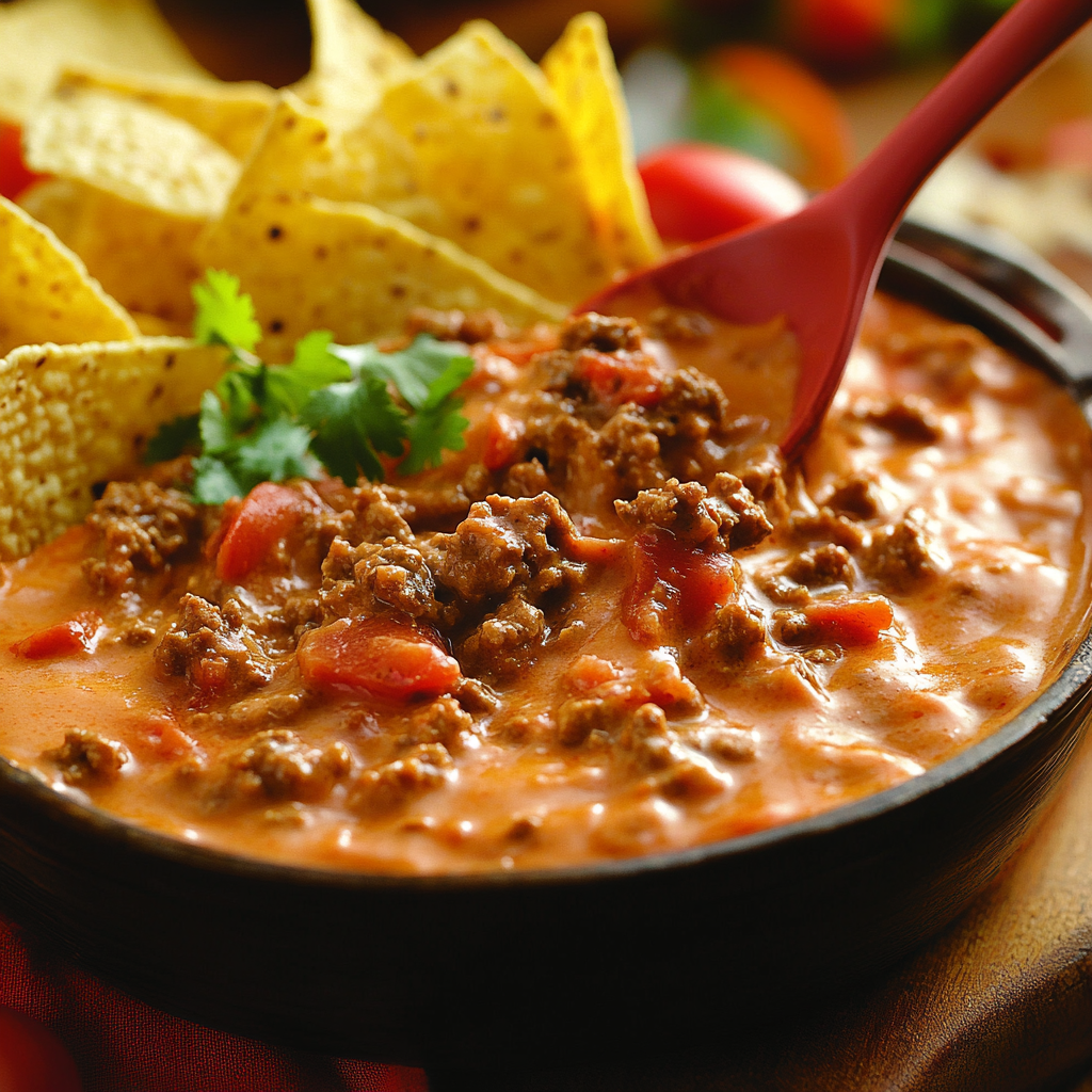 Instructions for making Rotel dip: brown ground beef, combine Rotel tomatoes and Velveeta cheese, season with chili powder or taco seasoning, and serve warm with chips or veggies. Option to use a slow cooker to keep the dip warm.