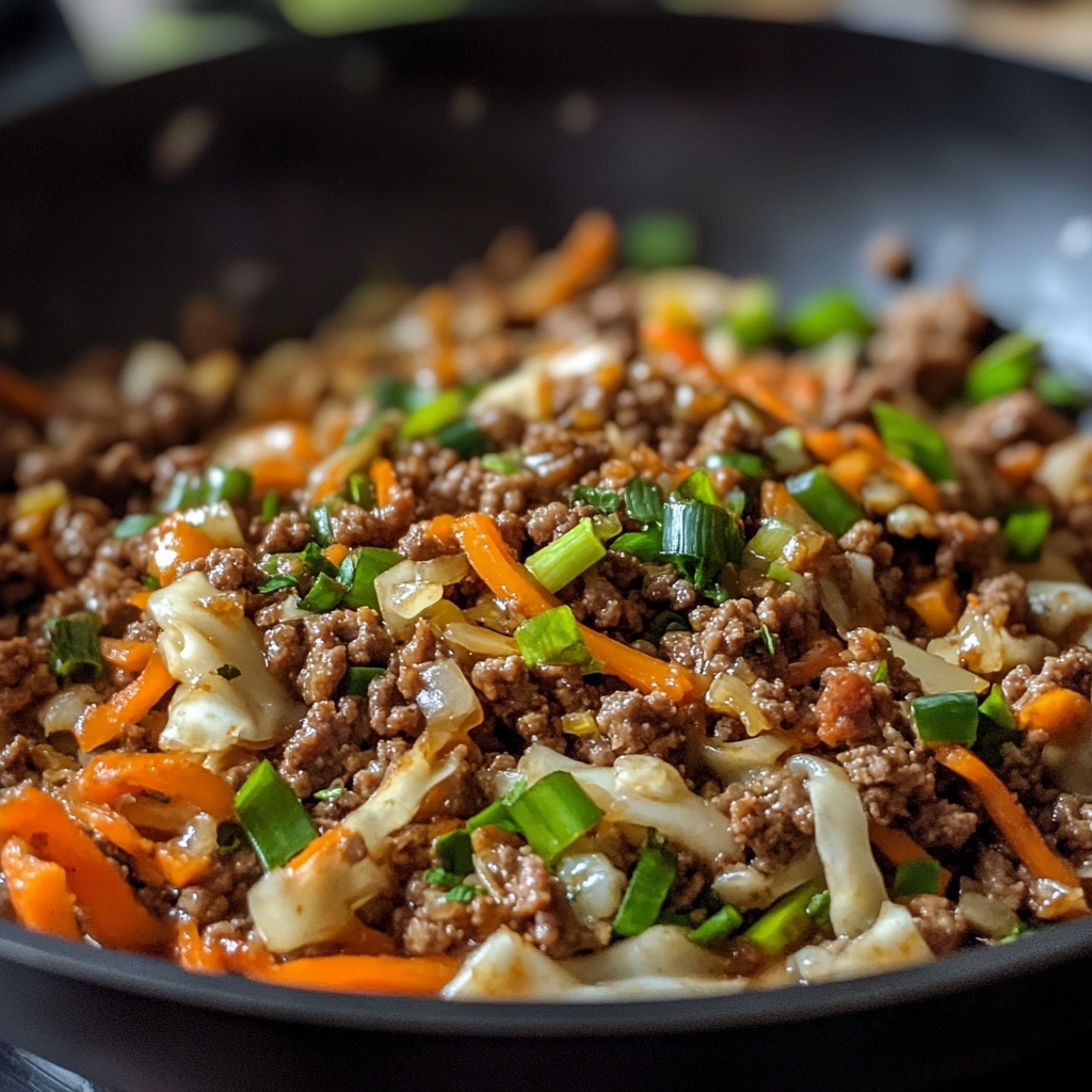 Meal prep containers with egg roll in a bowl, featuring ground meat, cabbage, and carrots, ready for storage.