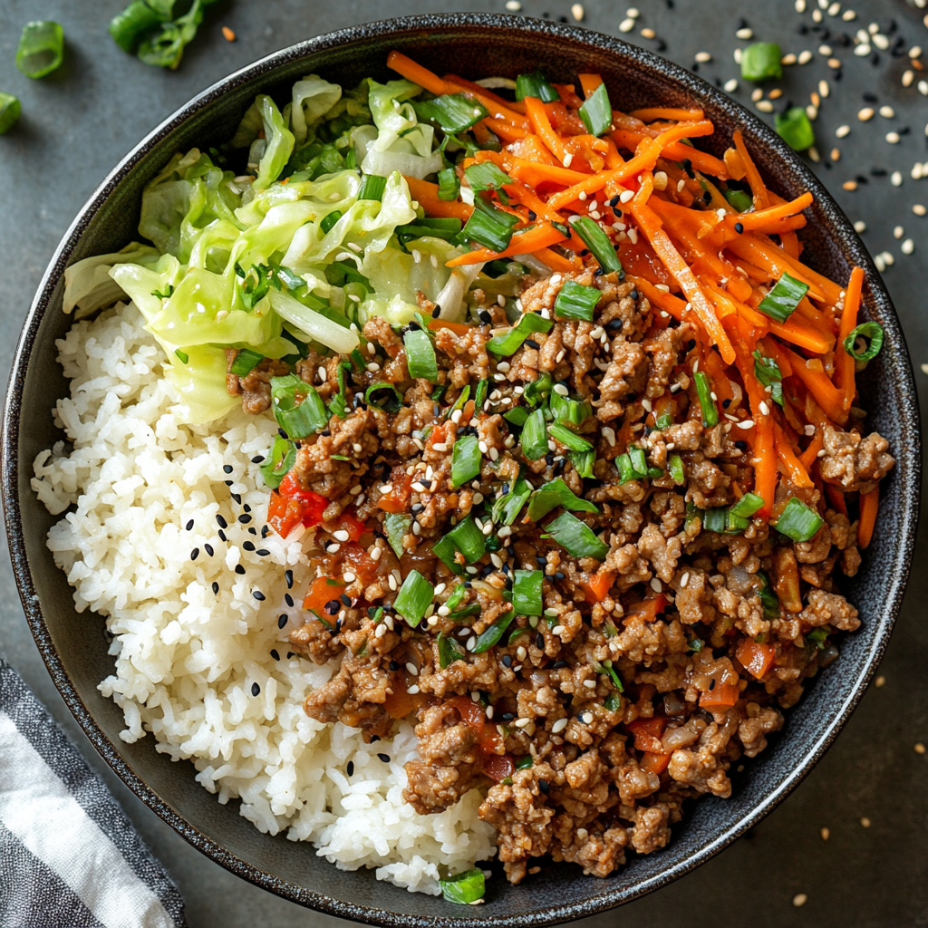 Essential ingredients for egg roll in a bowl, including ground meat, cabbage, carrots, garlic, soy sauce, and sesame oil arranged on a kitchen counter.