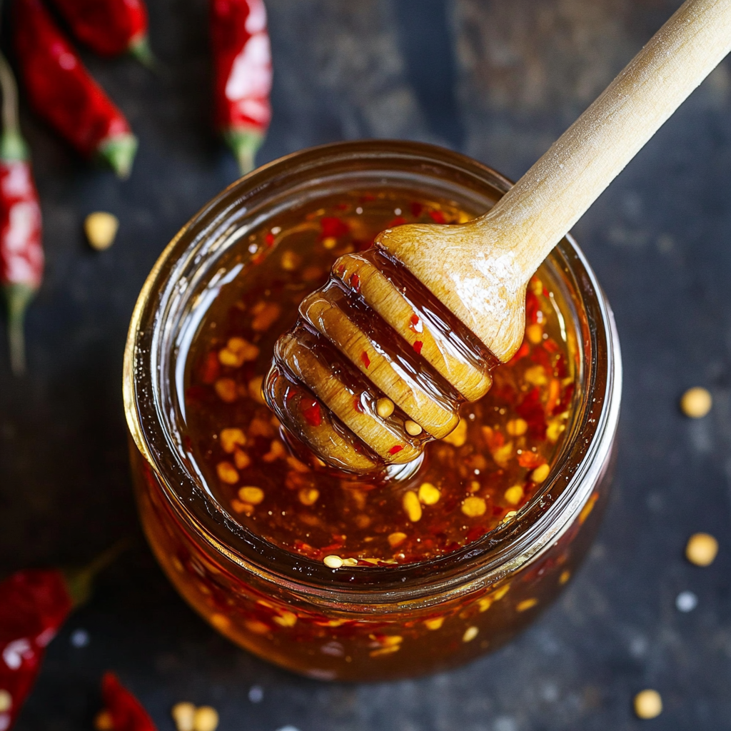 Jar of homemade hot honey with chili peppers