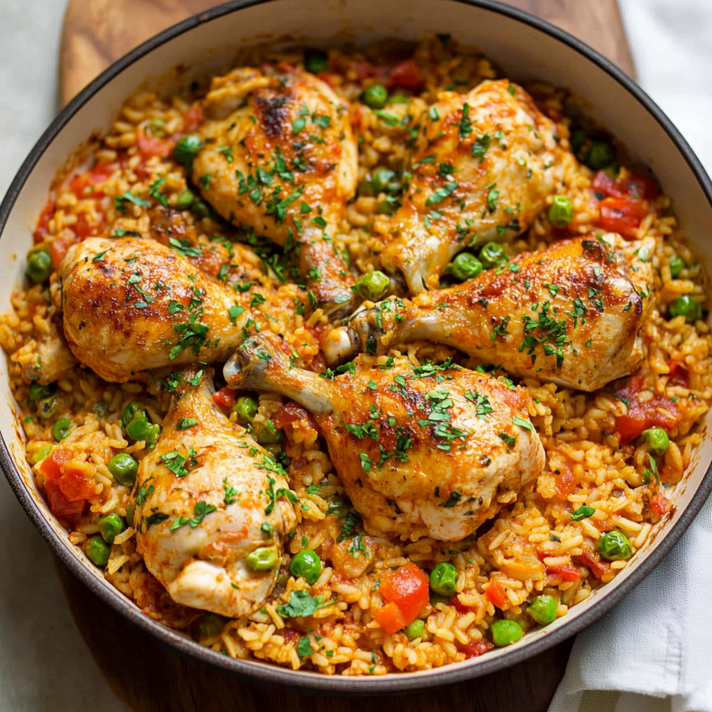 Traditional arroz con pollo recipe with tender chicken, rice, and vegetables served in a pot.