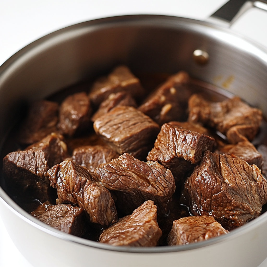 Beef shank browning in a pot for Caldo de Res.