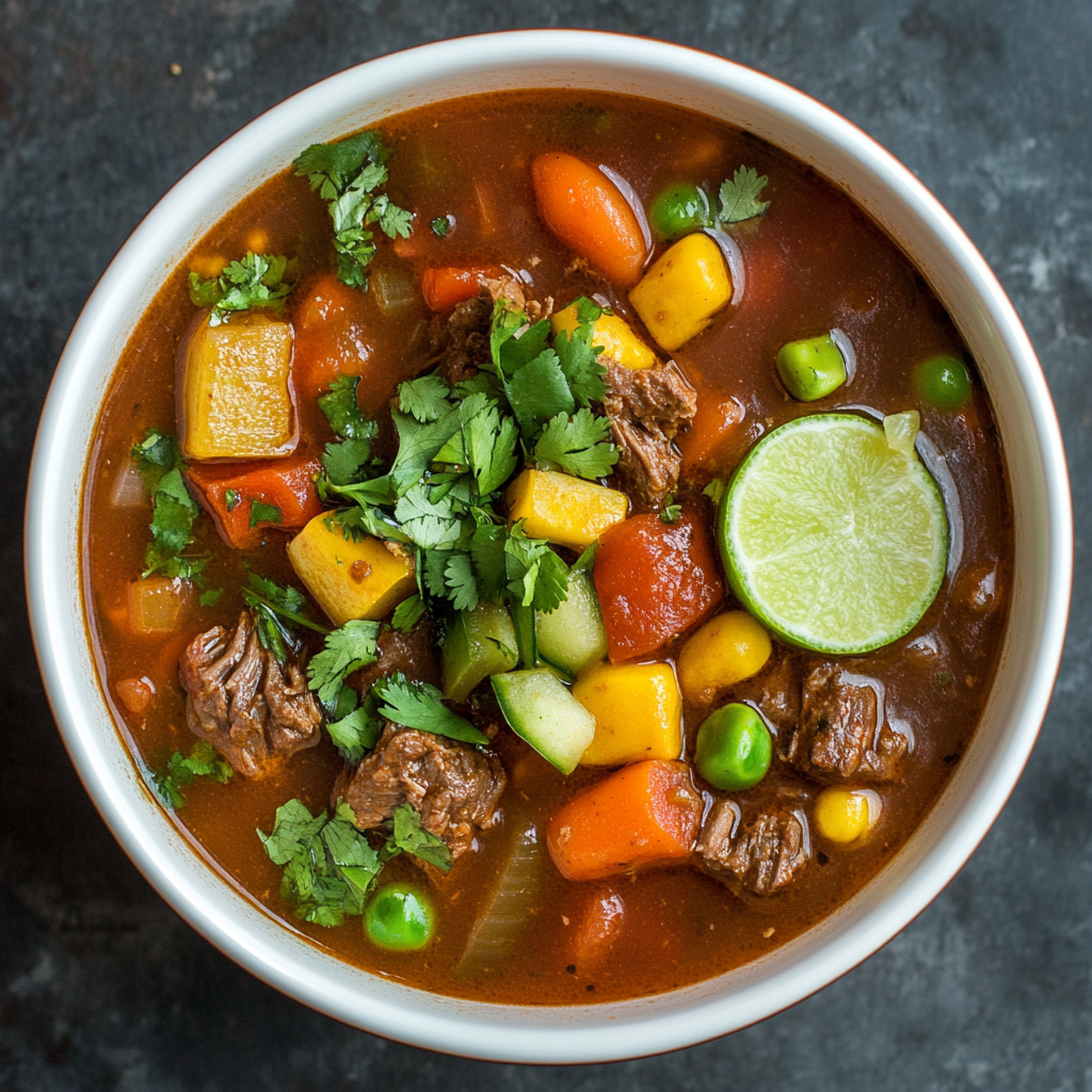 Caldo de Res garnished with cilantro and lime in a bowl.