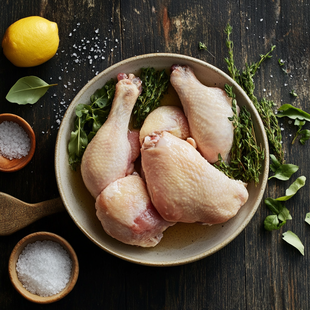 Raw chicken in a bowl of seasoned brine with garlic, herbs, and peppercorns