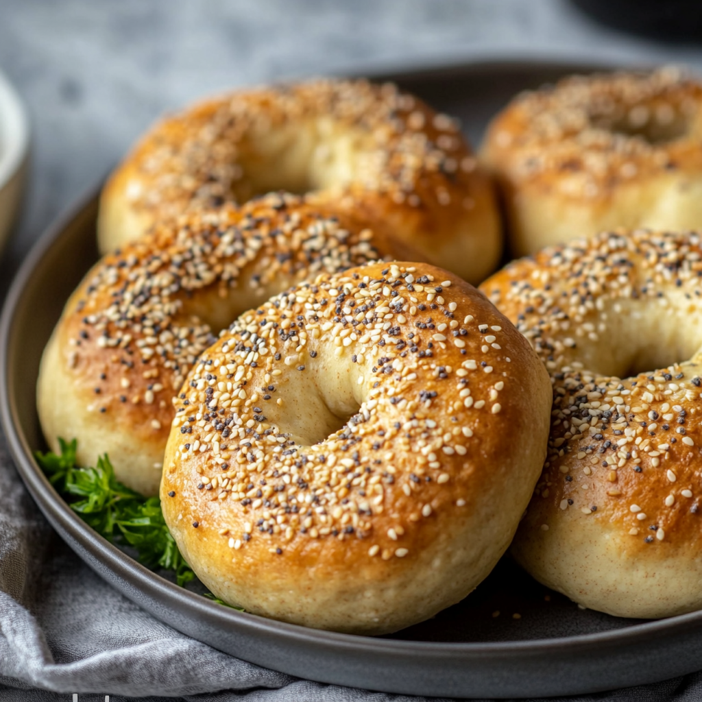 Freshly baked sourdough bagels on a wooden board with sesame and poppy seed toppings.