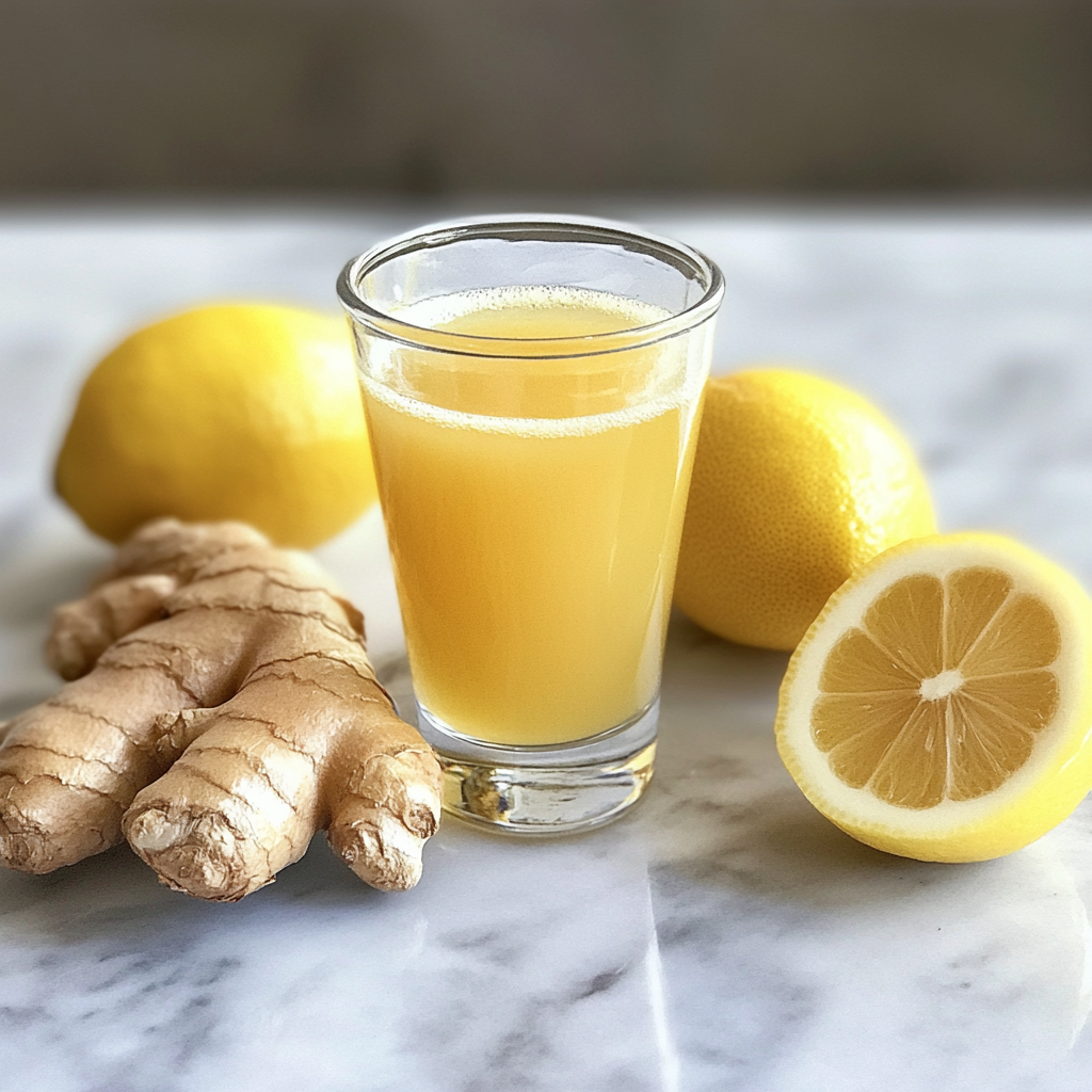 A glass of freshly made ginger shot with a slice of lemon and ginger root on the side.