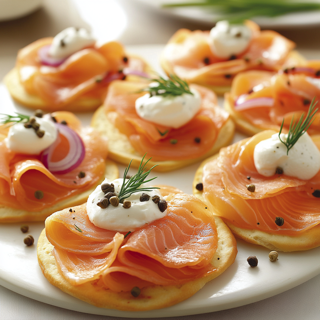 Smoked salmon appetizers on crackers and toast, garnished with cream cheese, dill, and capers.