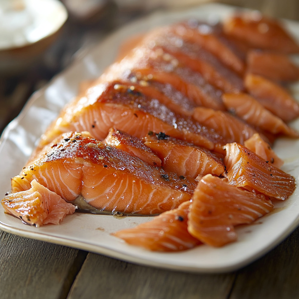 Classic hot smoked salmon fillet on a smoker grill with wood chips, showcasing the smoking process.