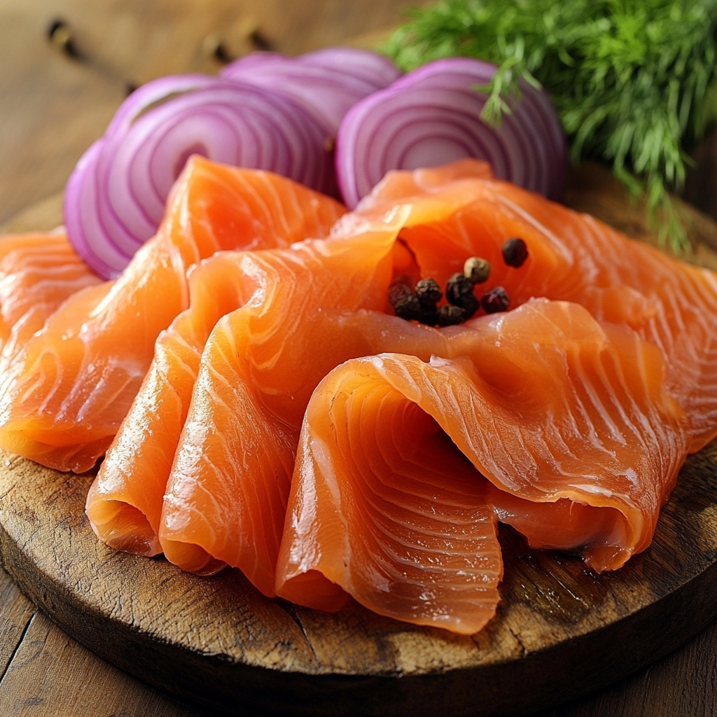 Hot smoked salmon next to cold smoked salmon, showing the difference in texture and color.