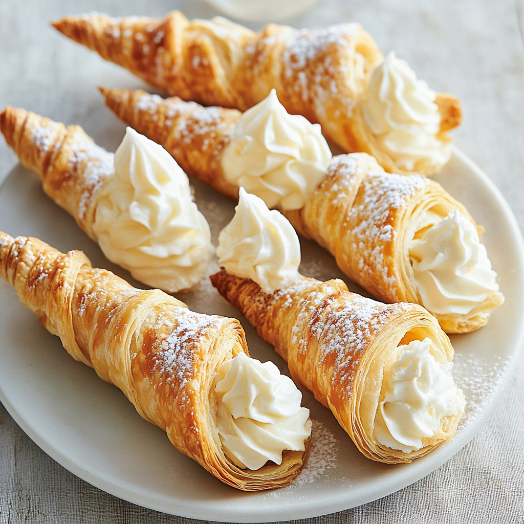 Crispy cream-filled puff pastry horns