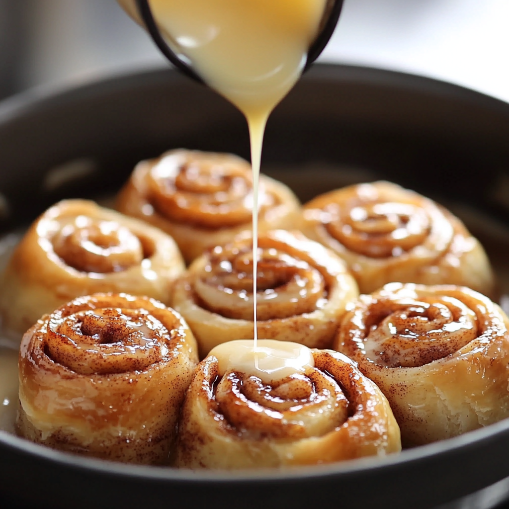 Golden puff pastry cinnamon rolls with icing