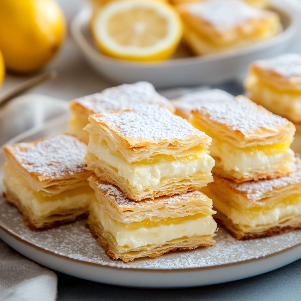 Lemon cream-filled puff pastry squares