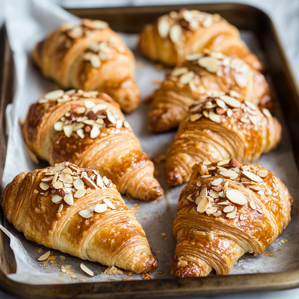 Flaky almond croissants made with puff pastry