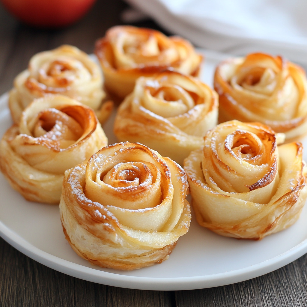 Beautiful puff pastry apple roses with powdered sugar