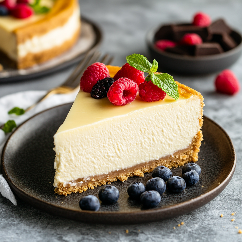 Classic Philadelphia cheesecake with a smooth, creamy texture, topped with fresh berries and a drizzle of chocolate ganache, displayed on a rustic wooden table.