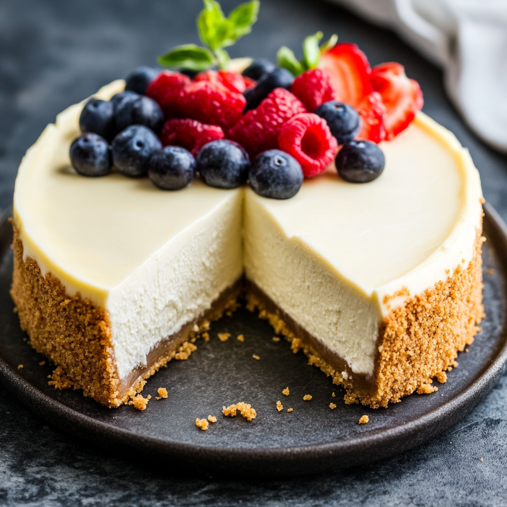 Classic Philadelphia cheesecake with a smooth, creamy texture, topped with fresh berries and a drizzle of chocolate ganache, displayed on a rustic wooden table.