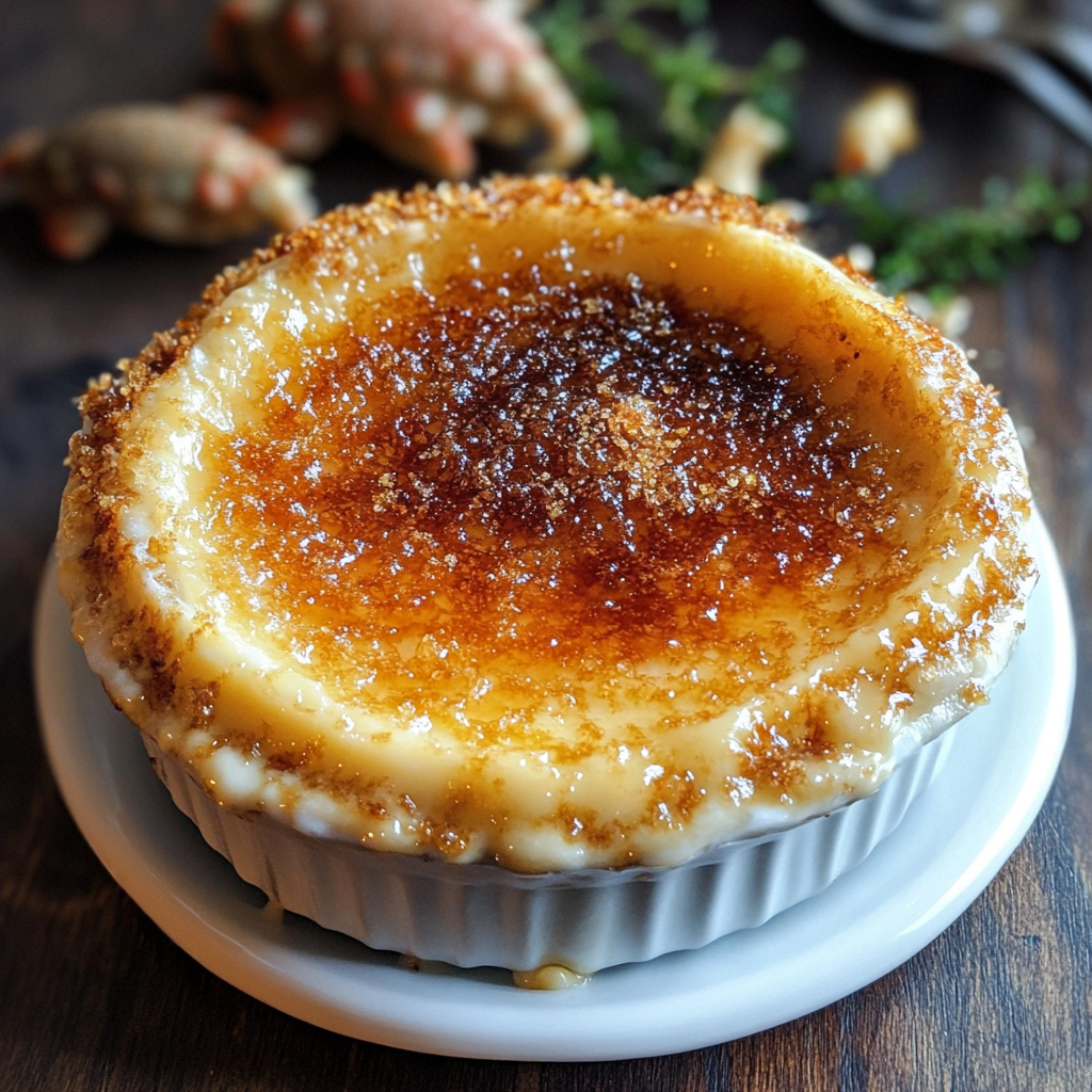 Golden crusted crab brulee served in a ramekin, garnished with herbs and lemon zest.