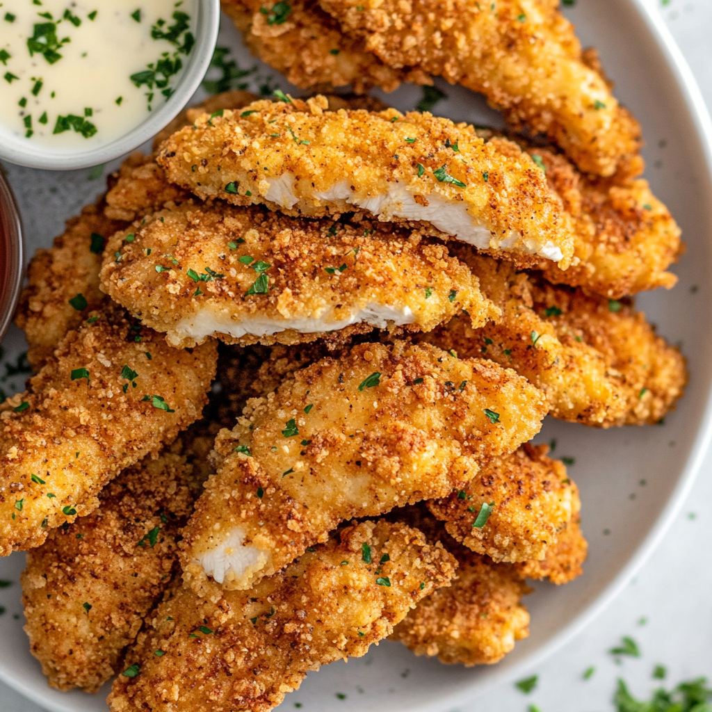 Crispy fried chicken tenders served on a plate with dipping sauce