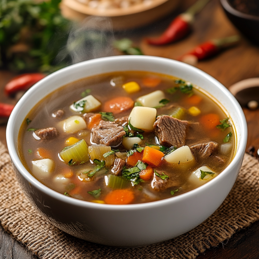 A bowl of authentic Caldo de Res, a traditional Mexican beef soup.