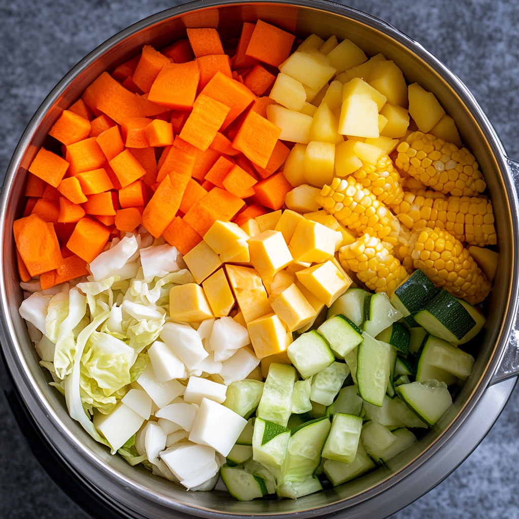Fresh vegetables prepared for Caldo de Res, including corn, carrots, potatoes, zucchini, and cabbage.