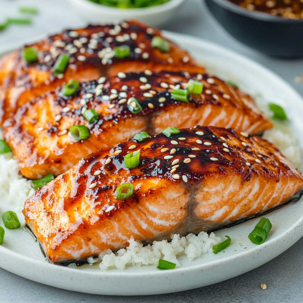 Delicious miso-glazed salmon fillet served with green onions and sesame seeds on a white plate.