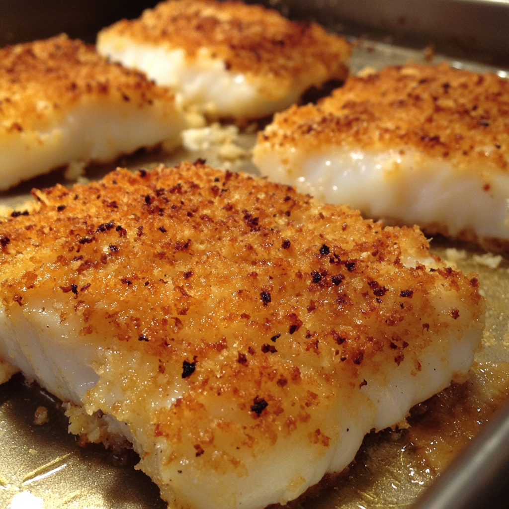 Panko-crusted cod fillets frying to a golden crisp, coated with light, crunchy Japanese breadcrumbs for extra texture.