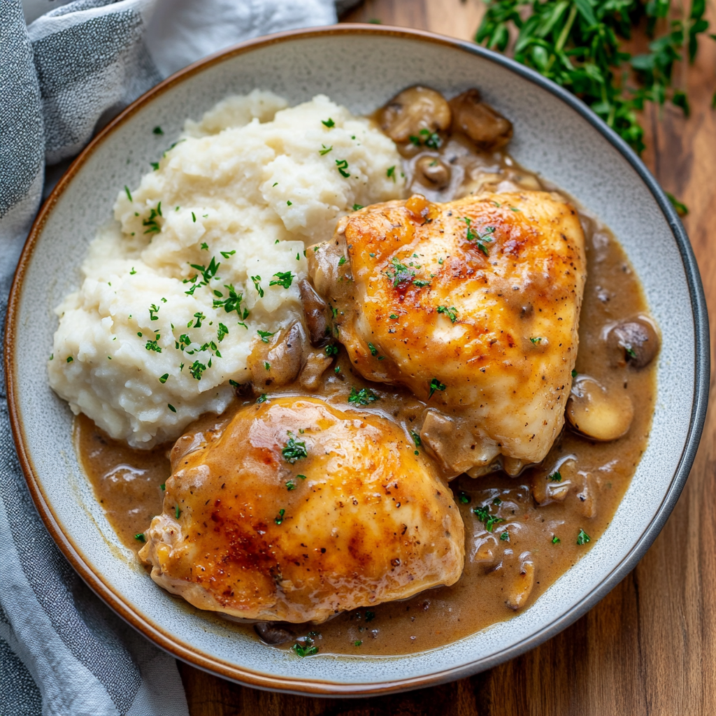 Homemade chicken and gravy served over mashed potatoes with fresh herbs