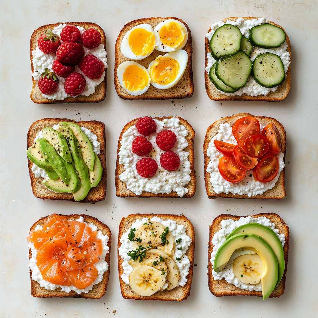 Bowl of fresh cottage cheese with berries and toast for a healthy breakfast.