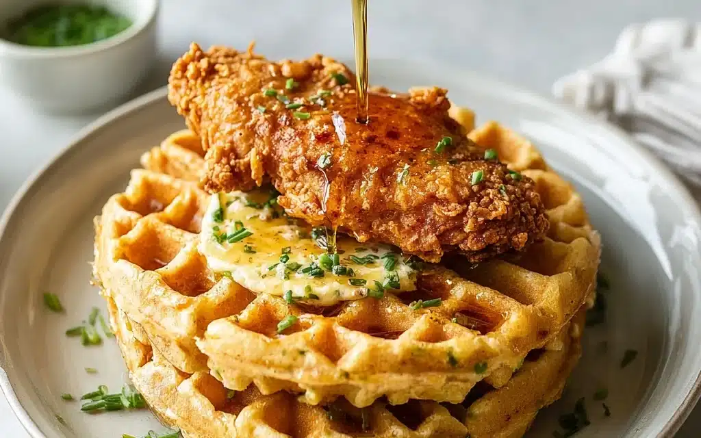 Cheddar Chive Waffles with Hot Honey Chicken