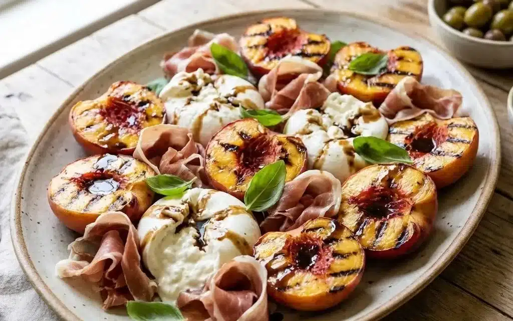 Grilled Peaches with Burrata and Prosciutto